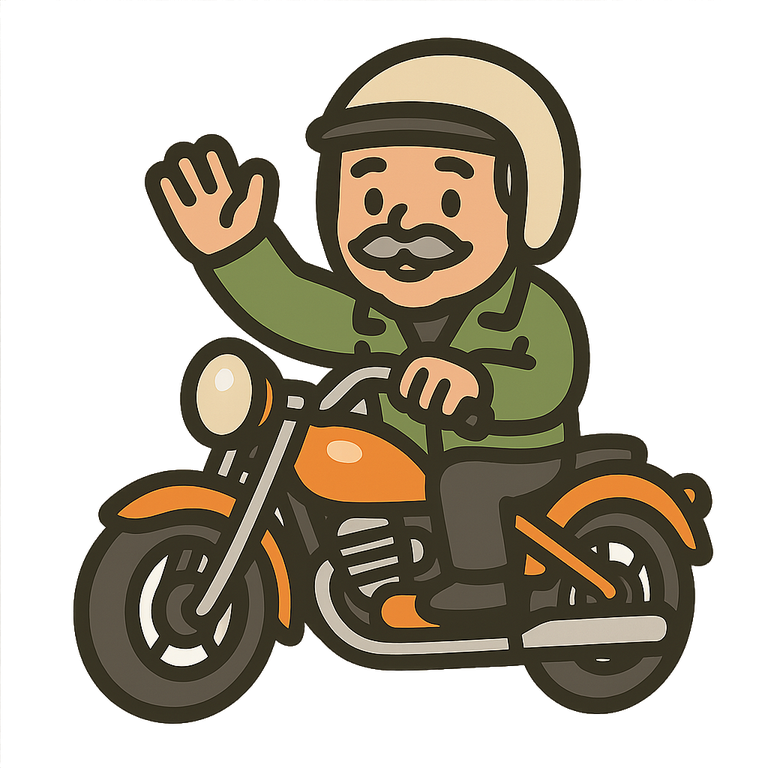 Cartoon portrait of Gary waving from his motorcycle